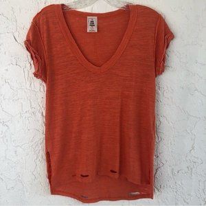 WE THE FREE PEOPLE Orange Distressed V Neck T Shirt Size XS